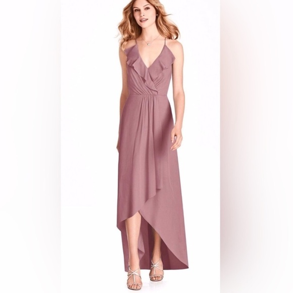 NWT Jenny Packham Ruffled Wrap Chiffon High Low Maxi Dress Desert Rose - Picture 1 of 11